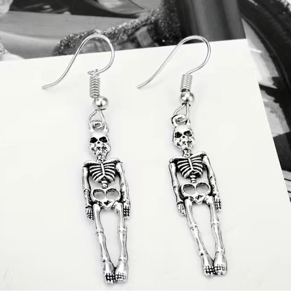 Skeleton Halloween Earrings - Long Tibetan Charms on Nickel free Silver Tone - Picture 4 of 6